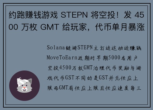 约跑赚钱游戏 STEPN 将空投！发 4500 万枚 GMT 给玩家，代币单月暴涨200